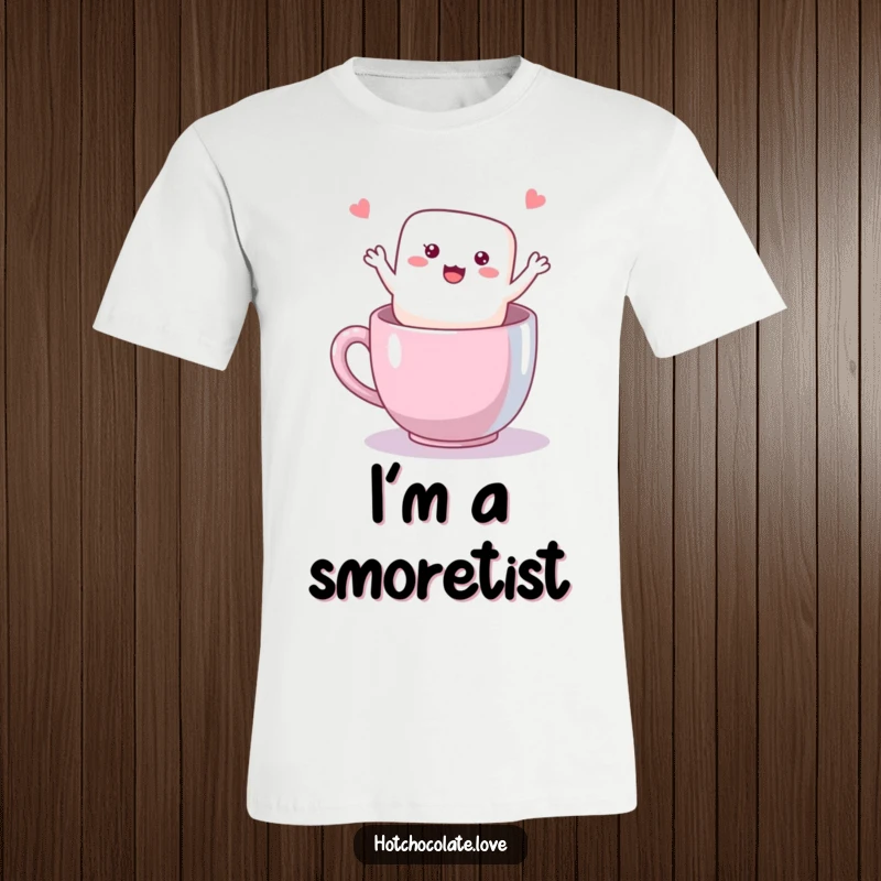 Funny Marshmallow T-Shirt featuring a happy, waving marshmallow floating in a mug, radiating pure joy.