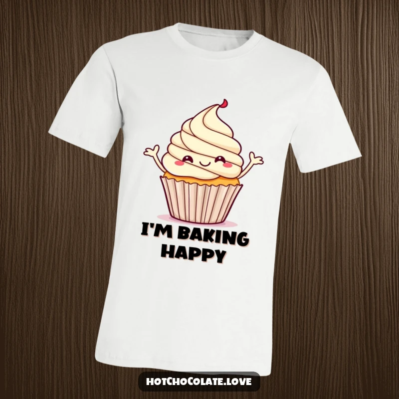Funny t-shirt with a happy cupcake character dancing a jig, steam gently rising from its top.