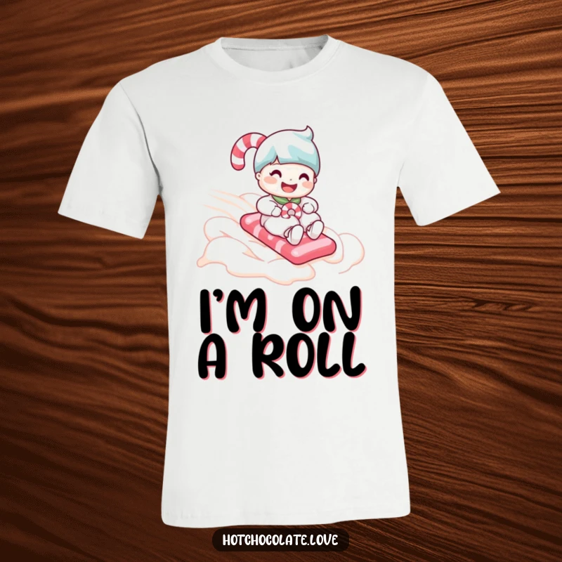 Funny candy cane person wearing a smile while skiing down a fluffy whipped cream slope on a t-shirt.