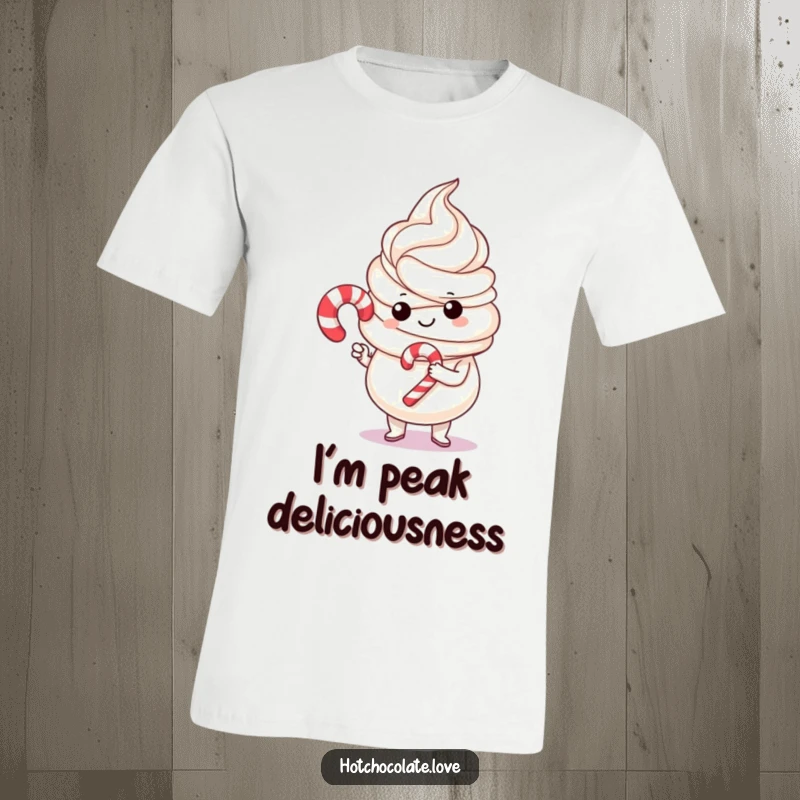 Funny whipped cream character proudly holding a tiny candy cane, depicted on a t-shirt for a whimsical holiday look. A cheerful design.