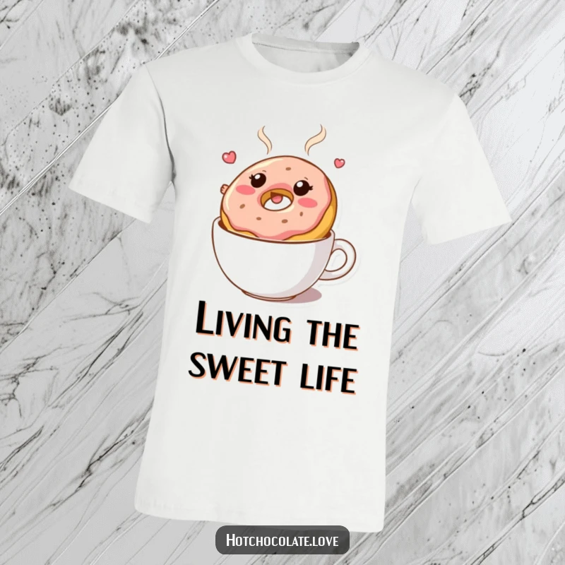 Funny T-Shirt: A happy, bouncy donut character floating in hot chocolate. Whimsical and sweet apparel.