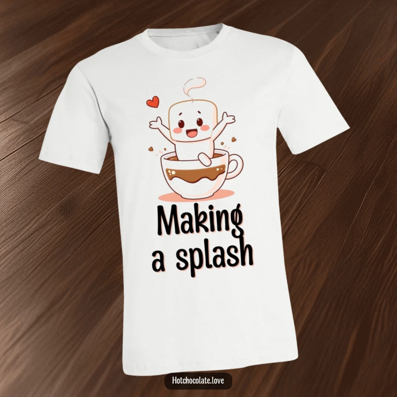 Funny t-shirt showcasing a cheerful marshmallow person taking a joyful leap into a mug of hot chocolate, celebrating sweet indulgence.