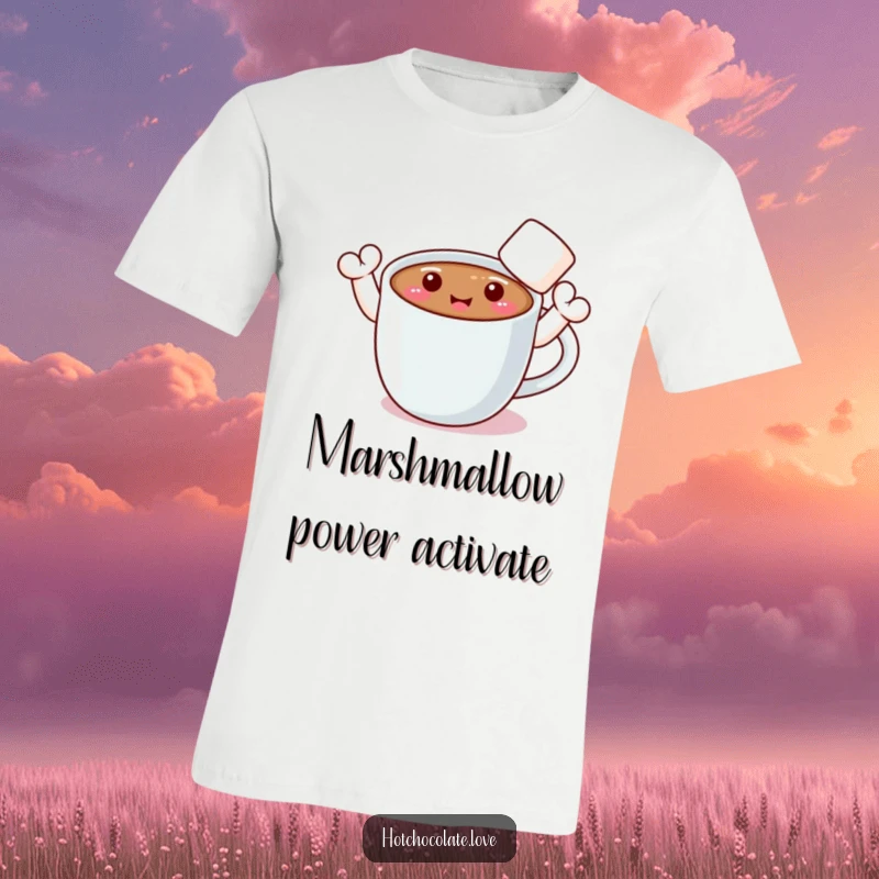 Funny t-shirt with a smiling hot chocolate mug whose marshmallow arms are enthusiastically waving hello.