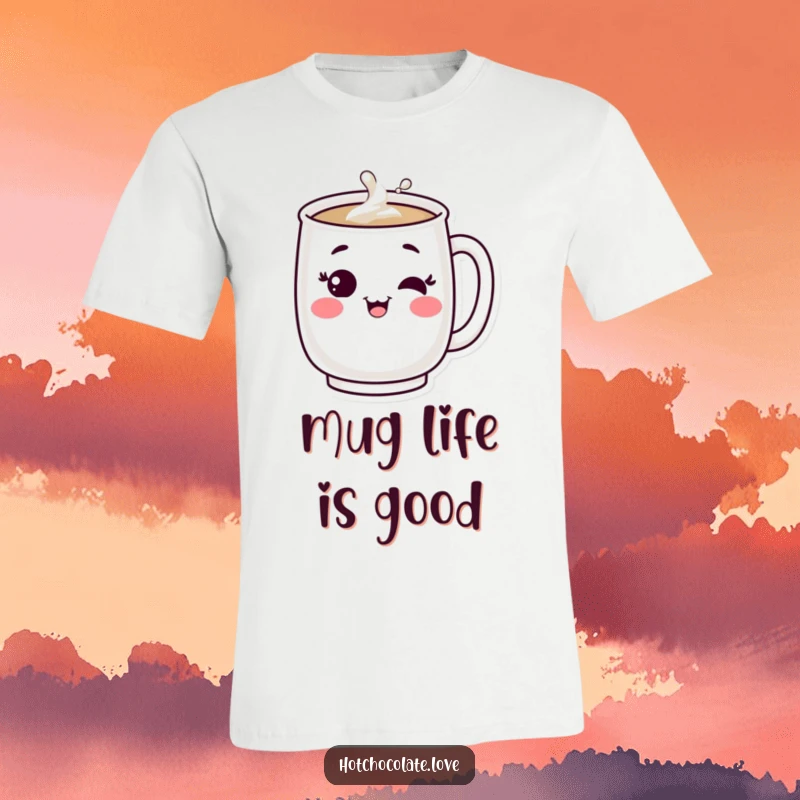 Funny T-Shirt: A bubbling mug character winking slyly. Great gift for coffee and tea enthusiasts.
