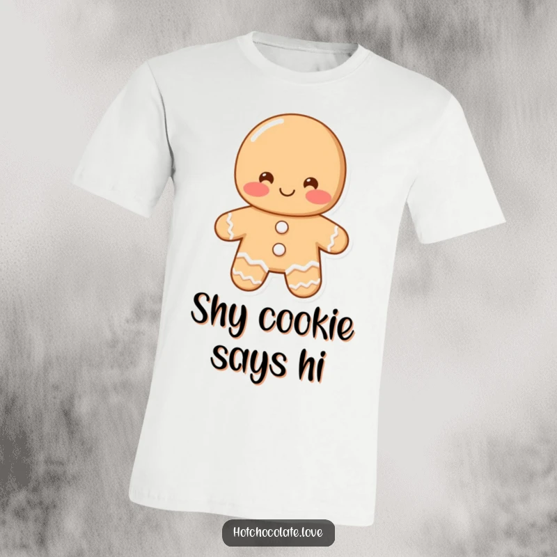 Funny gingerbread man t-shirt featuring a blushing gingerbread man with a shy smile offering a greeting, perfect for casual wear.