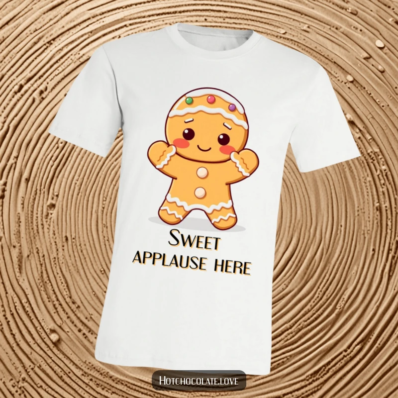Funny t-shirt with a delightful gingerbread cookie character clapping its frosted hands.