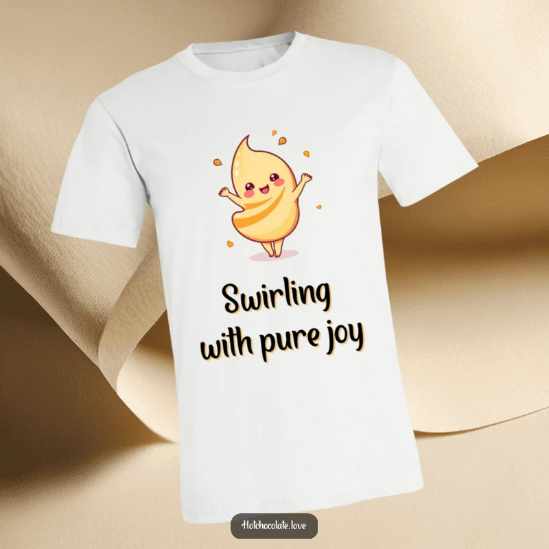 Funny playful caramel swirl t-shirt, captured mid-dance, symbolizing sweet joy and energetic movement, ideal for casual wear.