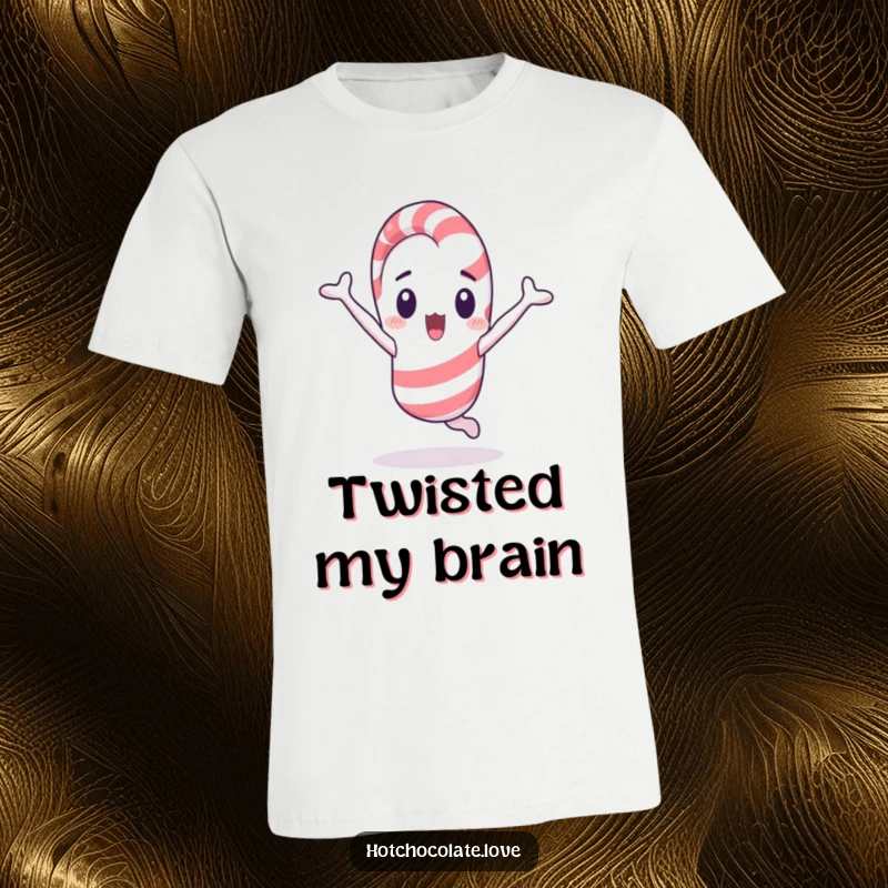 Funny candy cane mid-cartwheel with a look of surprise, a dynamic and humorous t-shirt graphic.