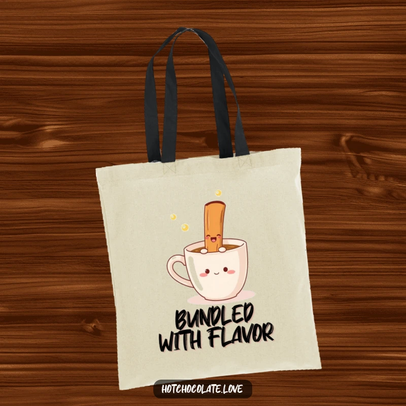 Funny Tote Bag featuring a delighted cinnamon stick twirling in a mug, perfect for carrying groceries or daily essentials with a smile.