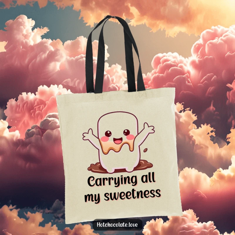Funny Tote Bag featuring a gleeful marshmallow with arms wide, happily sinking into chocolate, perfect for beach trips or grocery runs.