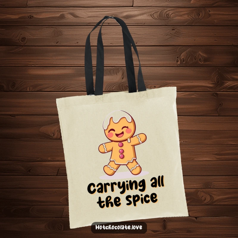 Funny Gingerbread Man Tote Bag featuring a winking character doing a playful dance with dripping icing, perfect for festive outings.