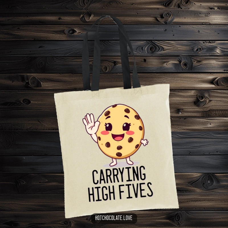 Funny chocolate chip cookie giving an enthusiastic high-five on a durable and humorous tote bag.
