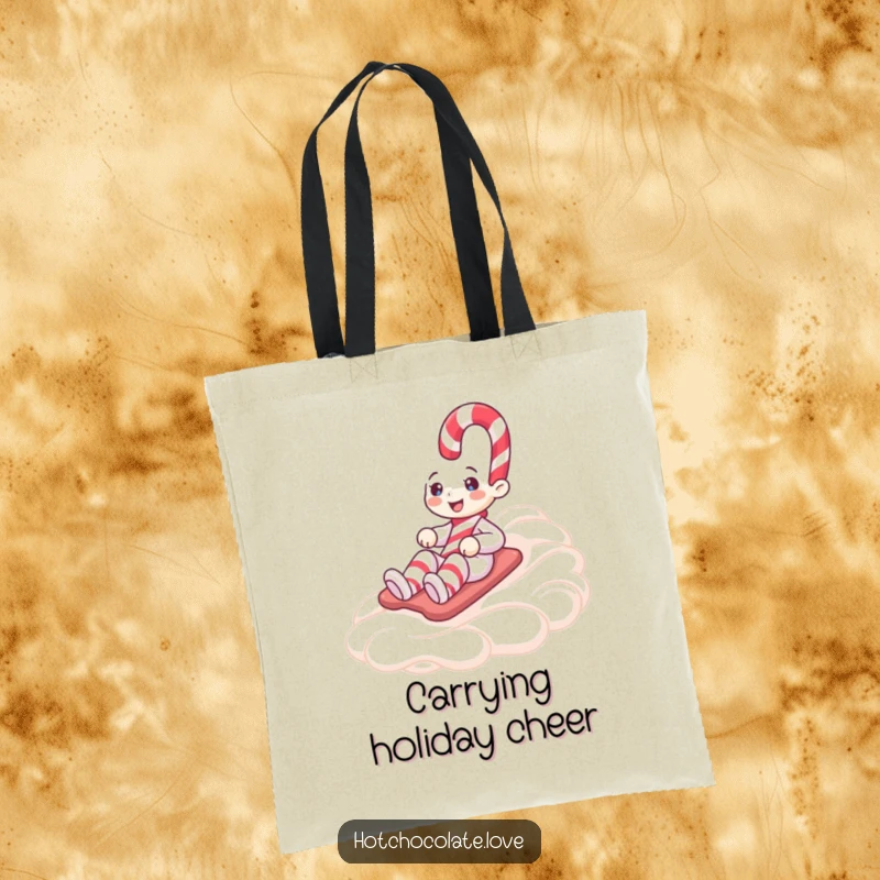 Funny tote bag with a smiling candy cane character sliding down whipped cream, perfect for carrying holiday treats with humor.