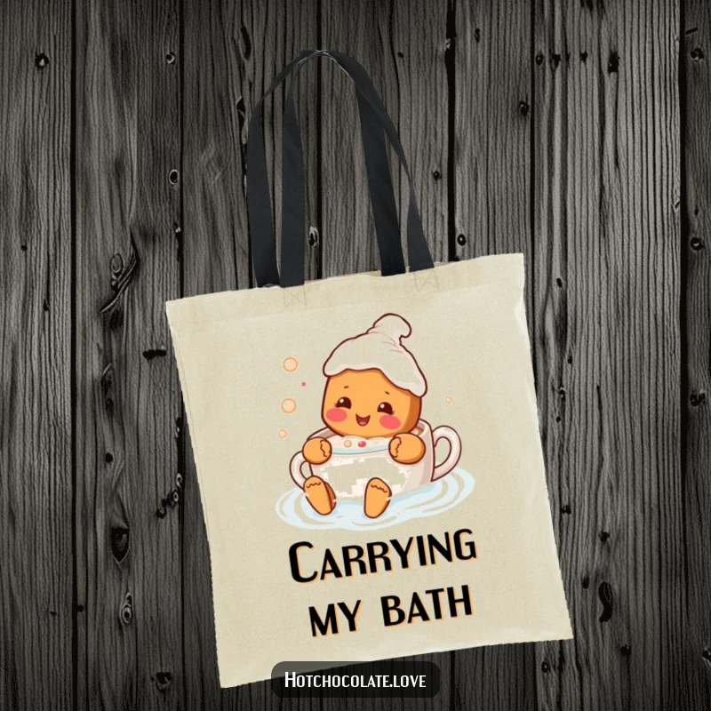 Funny tote bag with a delighted gingerbread person swimming in hot chocolate, perfect for carrying everyday items with a sweet touch.
