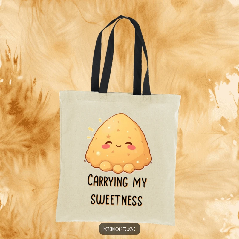 Funny pile of brown sugar character beaming with warmth, featured on a durable tote bag, ready for use.