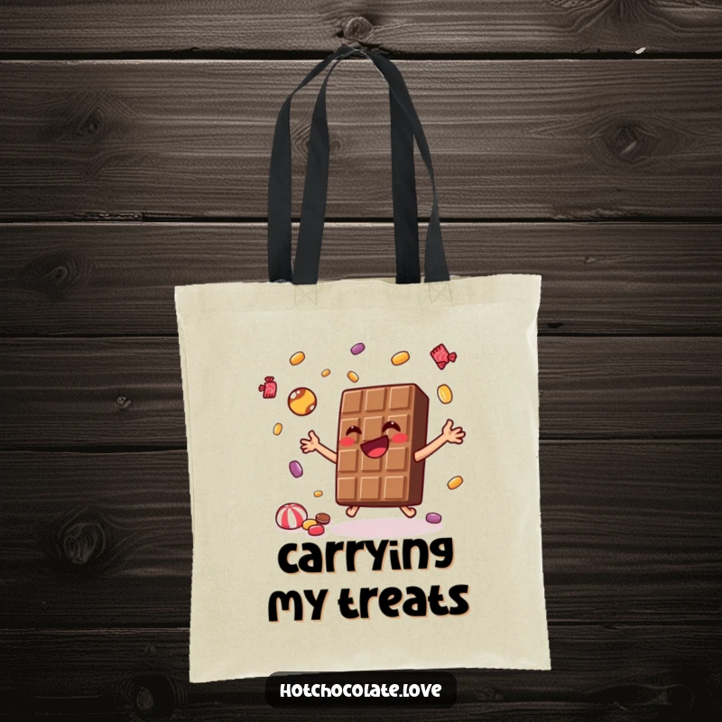 Funny Tote Bag featuring a joyful chocolate bar juggling tiny candies, ideal for carrying items with a humorous and sweet touch.