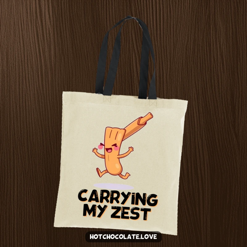 Funny cinnamon stick character doing a mischievous hop, featured on a durable tote bag, ready for errands.