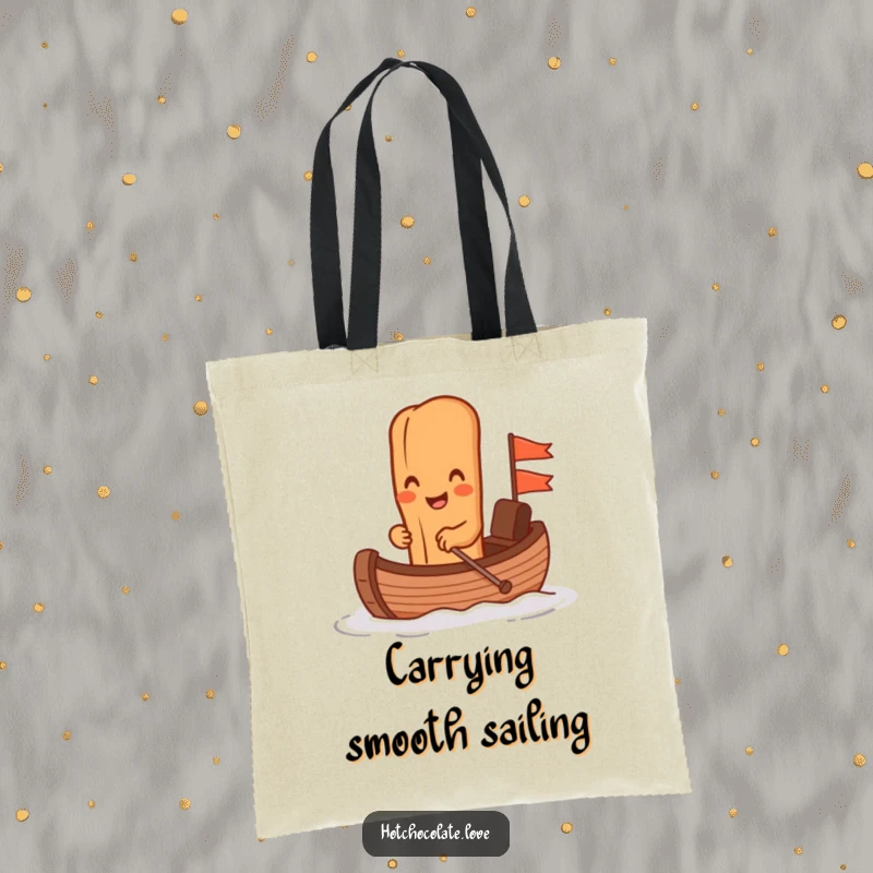 Funny cinnamon stick character navigating a chocolate boat on a durable tote bag, perfect for grocery runs or book hauls.