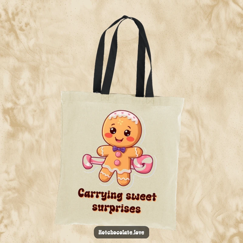 Funny gingerbread man adventurer on a peppermint stick, featured on a durable tote bag.