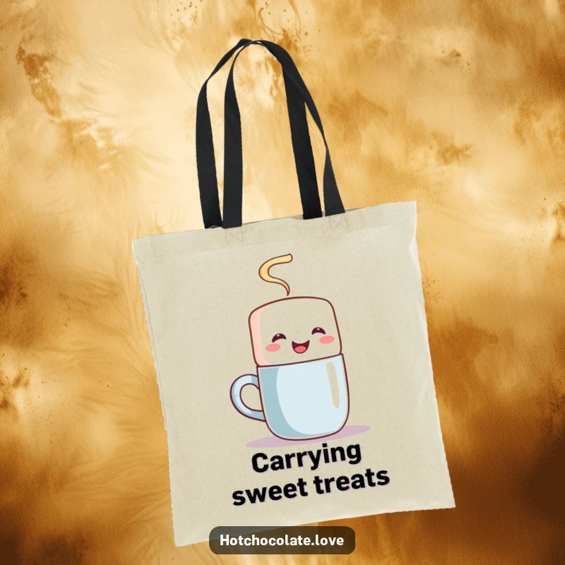 Funny tote bag with a joyful marshmallow character enthusiastically stirring a steaming mug, ideal for carrying daily items.