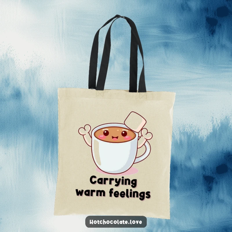 Funny tote bag showcasing a smiling hot chocolate mug with marshmallow arms happily waving for attention.