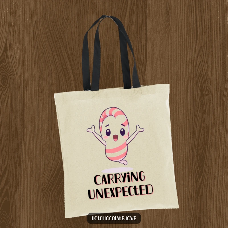 Funny candy cane character in a surprising cartwheel, a durable and humorous tote bag.