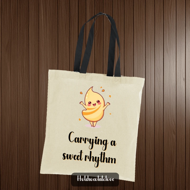 Funny playful caramel swirl tote bag, depicted mid-dance, symbolizing portable sweetness and energetic enjoyment for daily use.