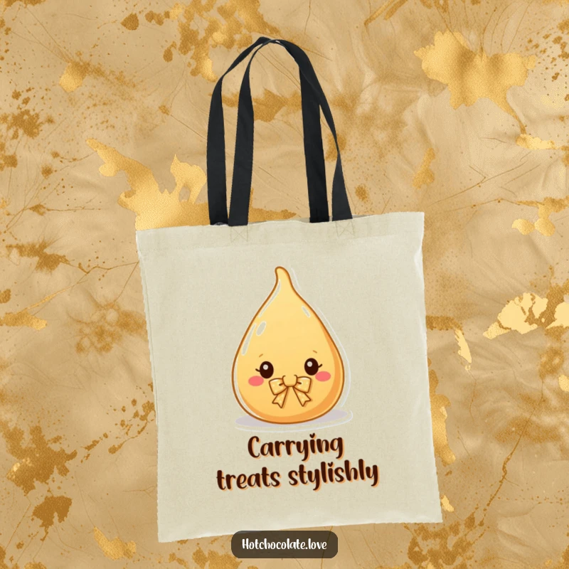 Funny Tote Bag with a charming caramel drop wearing a bow, ideal for carrying daily items with a sweet and stylish touch.