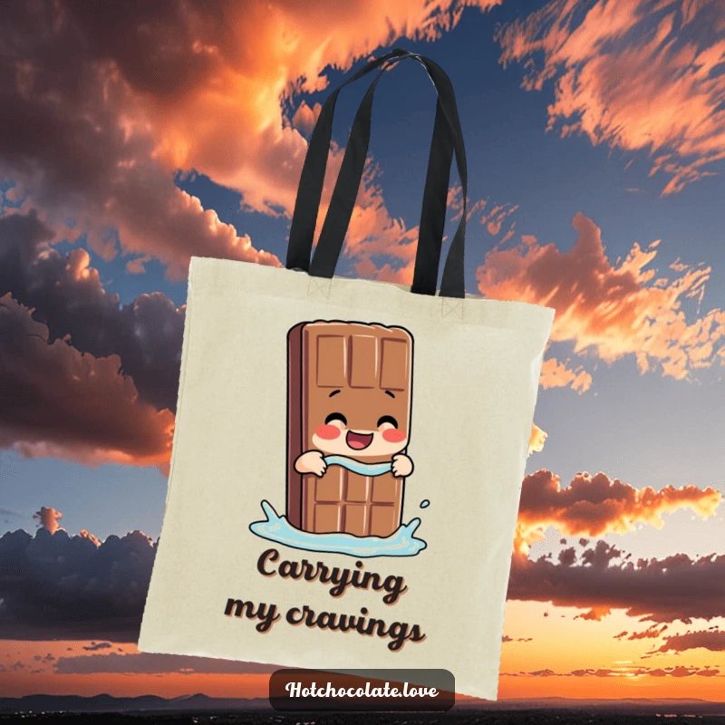 Funny Chocolate Tote Bag with a giggling chocolate bar person taking a dip, ready for treats.