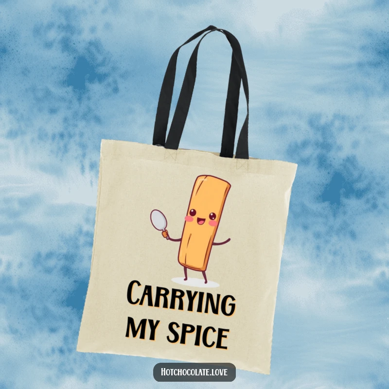 Funny Cinnamon Stick Spoon Tote Bag: A cheerful cinnamon stick character is shown holding a tiny spoon, a cute and funny accessory.