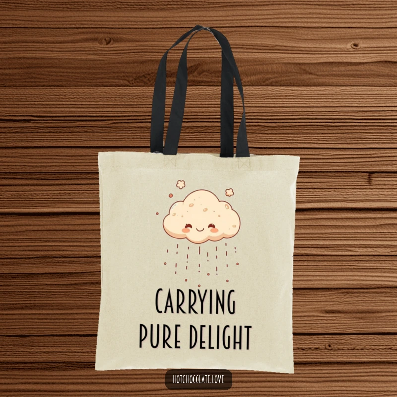 Funny tote bag with a happy cocoa powder cloud raining down, ideal for stylishly and humorously carrying items for chocolate enthusiasts.