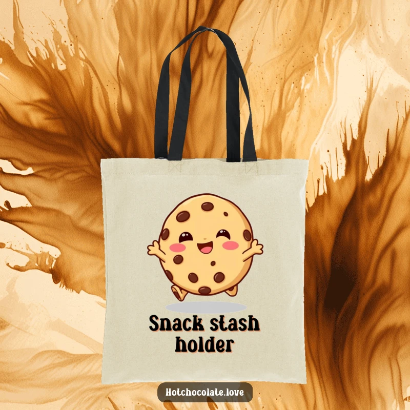 Funny tote bag featuring a laughing chocolate chip cookie character doing a happy hop, great for groceries and everyday use.