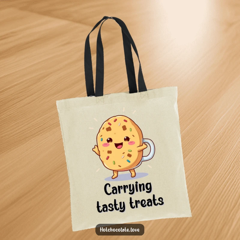 Funny Cookie Tote Bag featuring a cheerful cookie with sprinkles doing a happy jig, perfect for carrying treats.