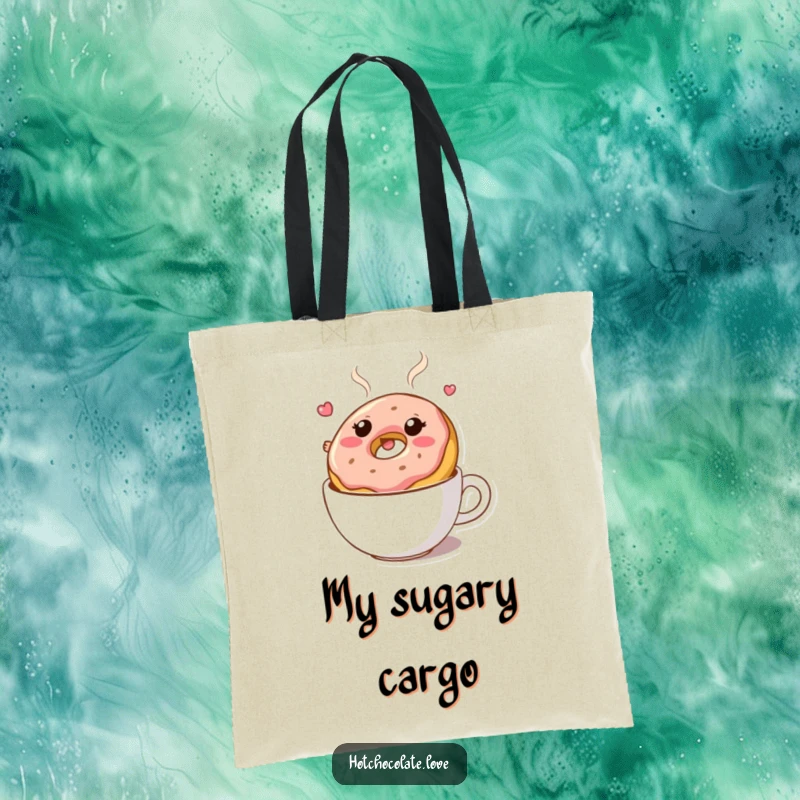 Funny tote bag: A bouncy donut character floating in hot chocolate. Cute and functional accessory.