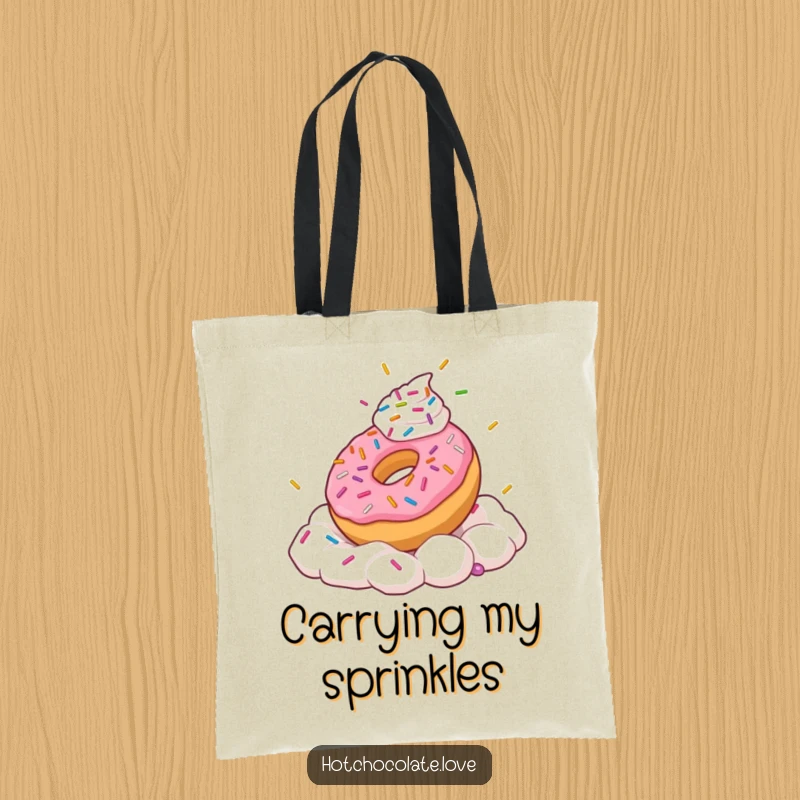 Funny tote bag showing a playful donut with sprinkles frolicking in fluffy whipped cream.
