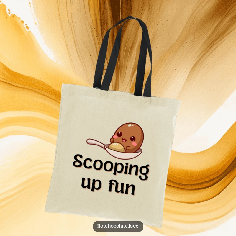 Funny cocoa bean giggling on a tiny spoon, showcased on a stylish and practical tote bag.
