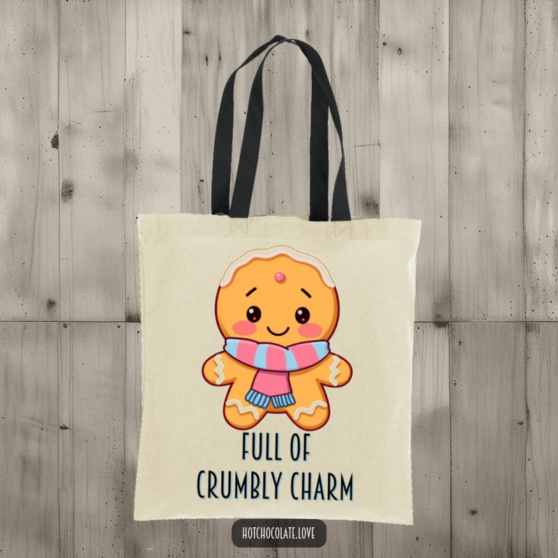 Funny Gingerbread Cookie Tote Bag with a delighted cookie wearing a scarf, designed for holiday errands and cheer.