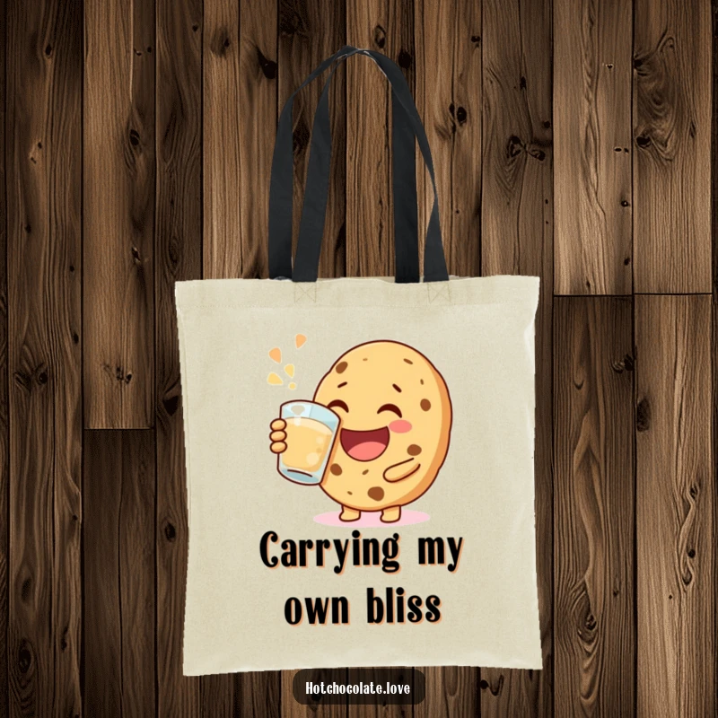 Funny happy cookie tote bag, depicted mid-jovial sip, symbolizing portable happiness and cheerful enjoyment for everyday use.
