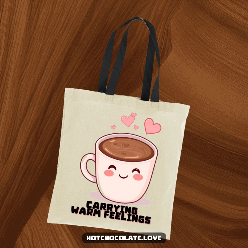 Funny Hot Chocolate Tote Bag: A smiling anthropomorphic mug of hot chocolate with heart-shaped steam, perfect for carrying goods with warmth.