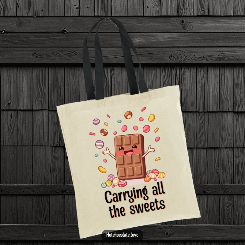 Funny tote bag featuring a joyful chocolate bar juggling tiny candies, perfect for carrying essentials with a touch of sweet humor, funny gift.