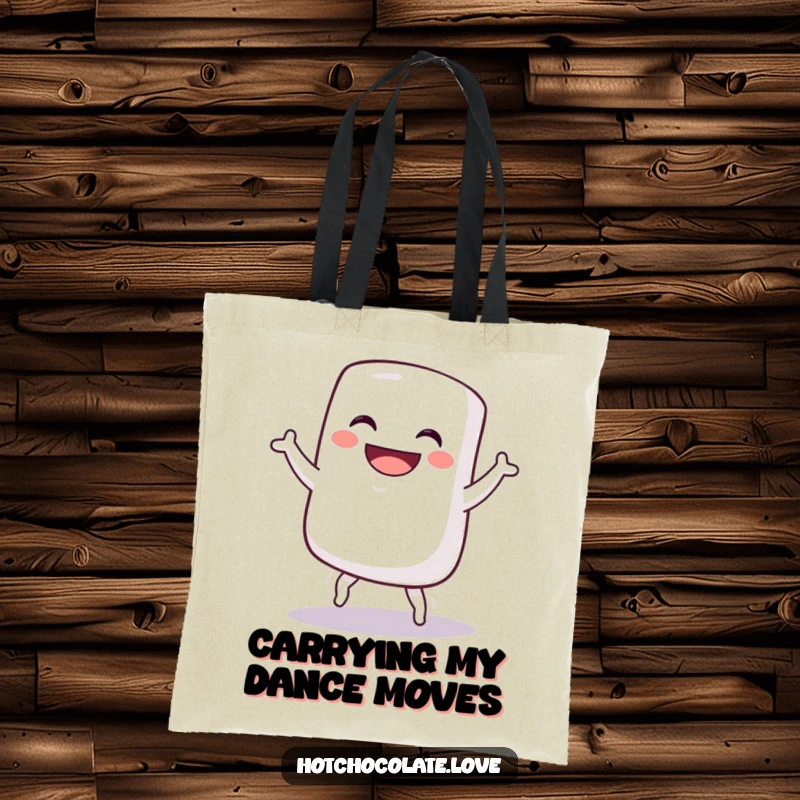 Funny tote bag depicting a grinning marshmallow in a spontaneous silly dance, adding charm and humor to your day, funny gift.