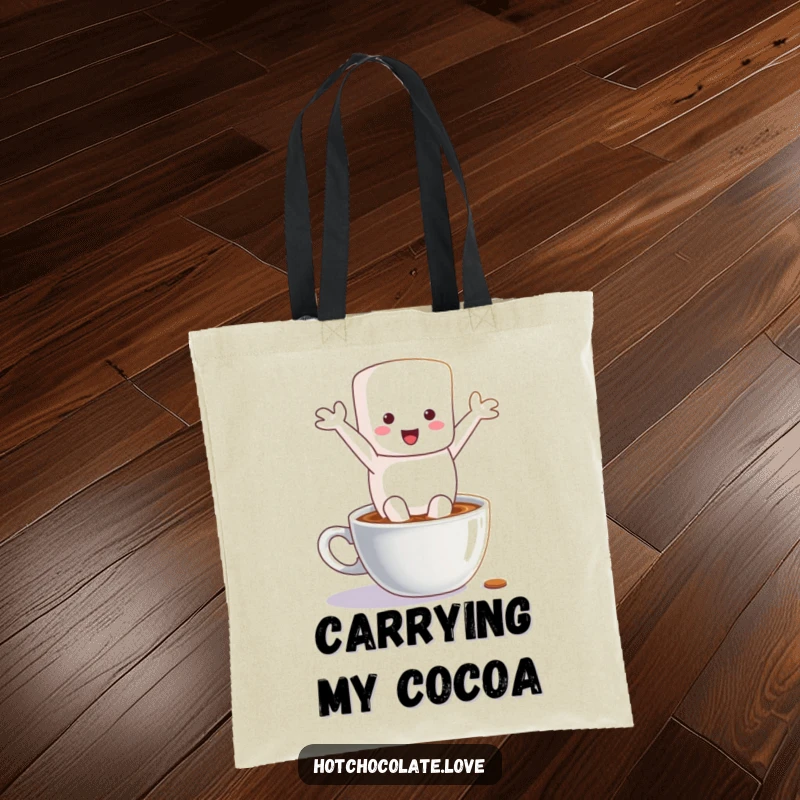 Funny tote bag with a joyful marshmallow character splashing into a mug of hot chocolate, perfect for carrying everyday items humorously.