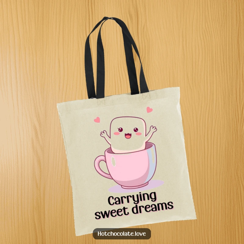 Funny Marshmallow Tote Bag with a happy, waving marshmallow, designed for carrying essentials with a touch of sweetness.