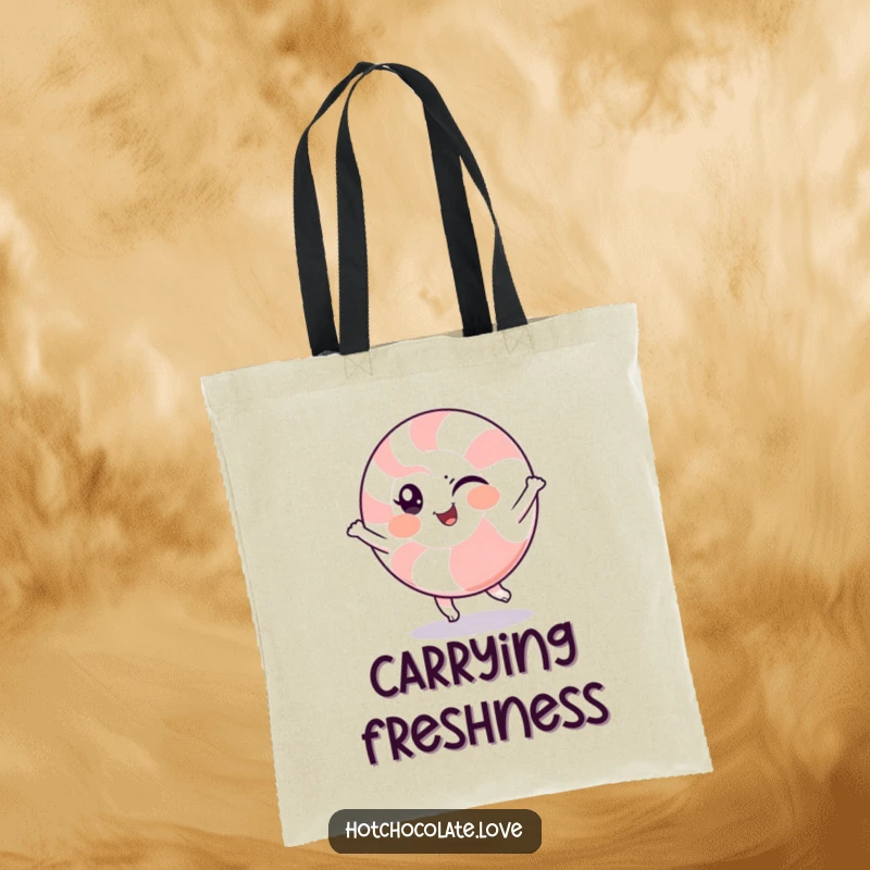 Funny tote bag with a winking peppermint character doing a cheerful spin, perfect for shopping and everyday use.