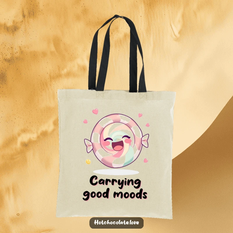 Funny Tote Bag with a joyful peppermint candy spinning, ideal for carrying daily items with a festive and sweet touch.