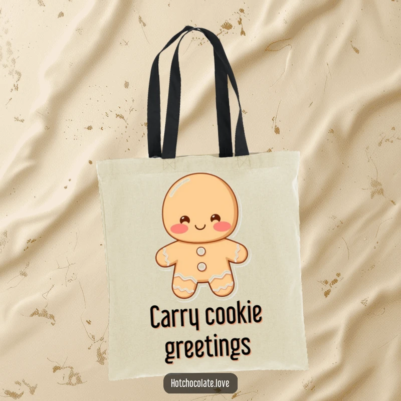 Funny gingerbread man tote bag featuring a shy, blushing gingerbread man offering a greeting, great for shopping and everyday use.