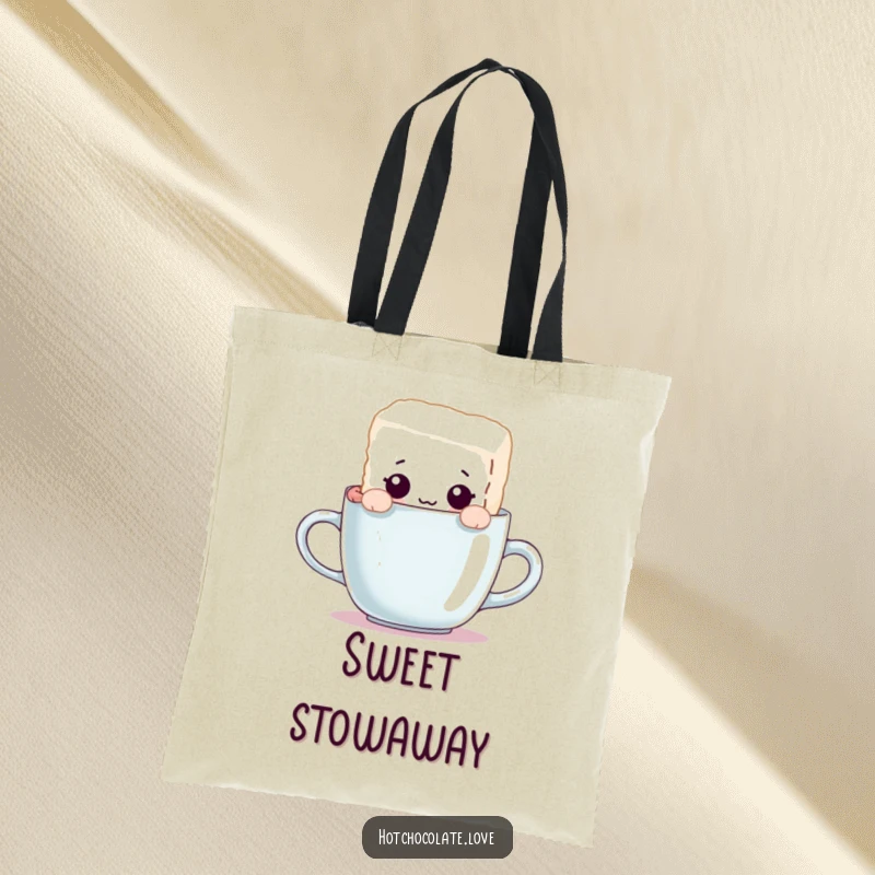 Funny tote bag featuring a curious sugar cube character peeking over the edge of a mug, perfect for shopping and daily use.