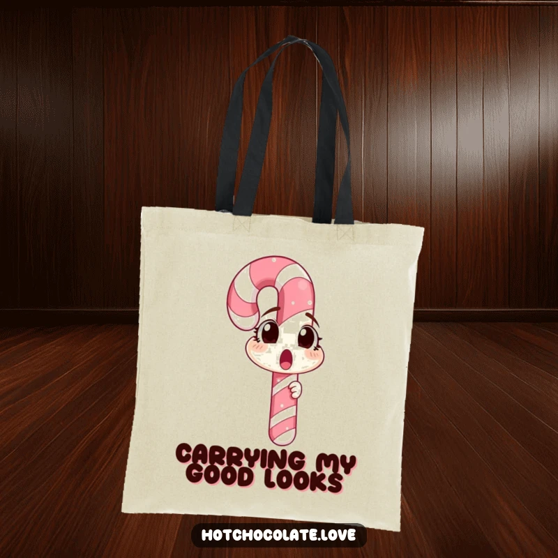 Funny candy cane caught in surprise while viewing its reflection, featured on a tote bag, ready for daily use.