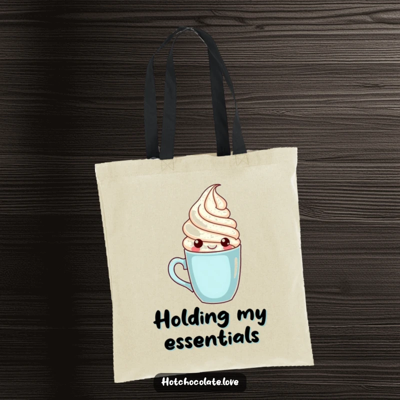Funny whipped cream character popping out of a mug, on a practical and humorous tote bag for coffee lovers.
