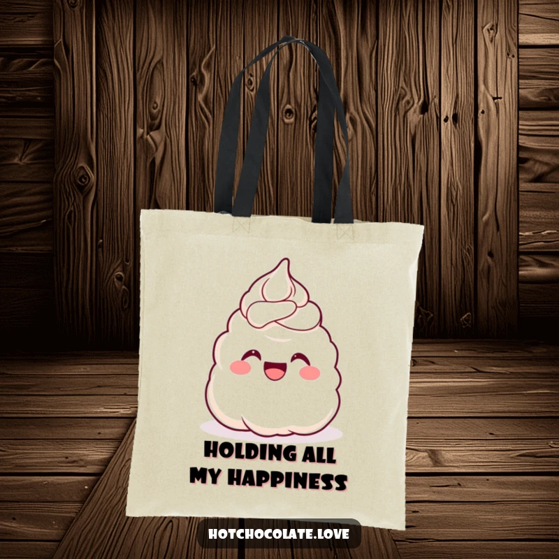 Funny Tote Bag featuring a gleeful dollop of whipped cream cheering with joy, perfect for carrying daily essentials with a sweet touch.